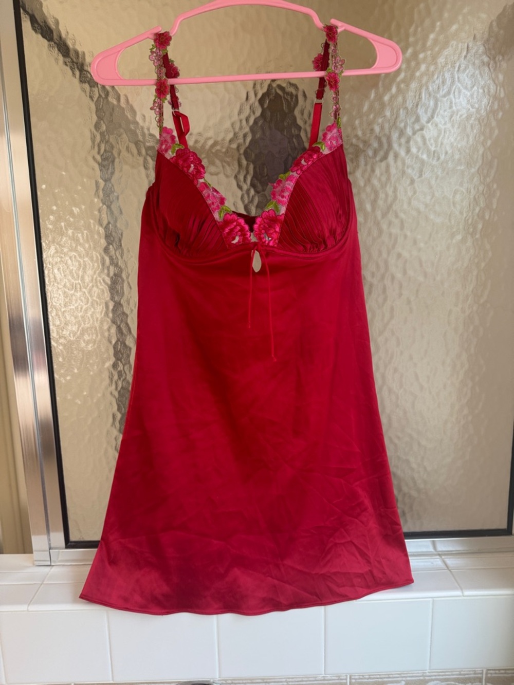 For Love and Lemons Red Floral Trim Satin Slip Dress